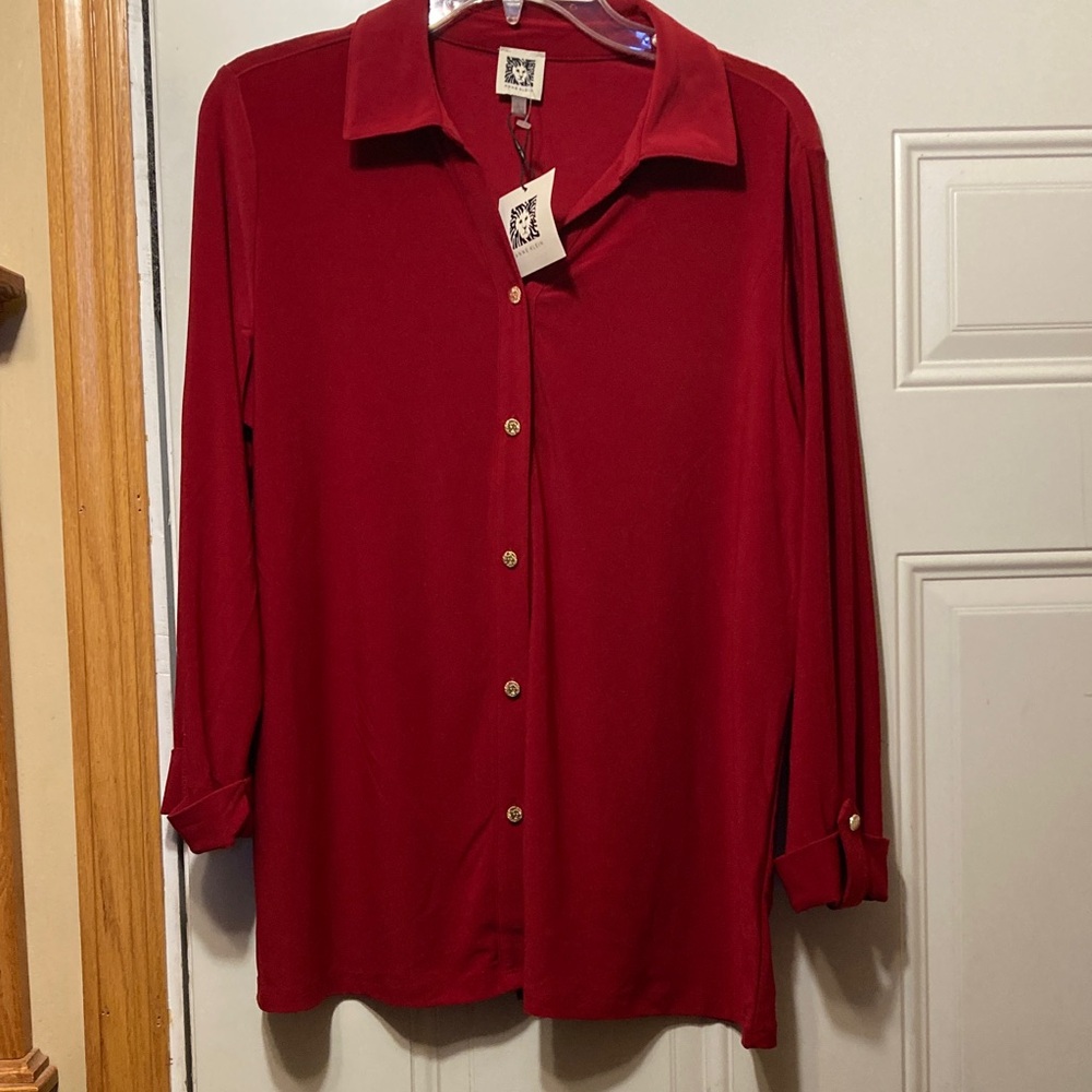 Anne Klein Rich‎ Red Button-Down Shirt L NWT